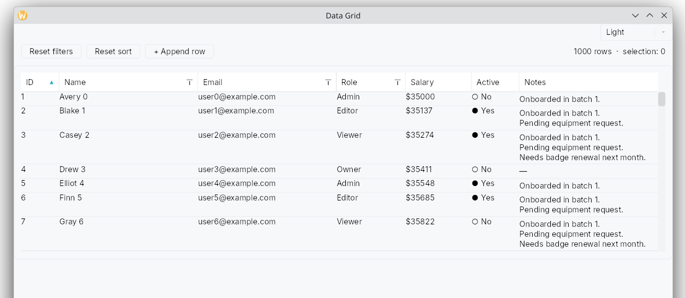 A TableView of one thousand rows with ID, Name, Email, Role, Salary, Active and Notes columns. Row heights differ visibly because the Notes column wraps to one, two or three lines.