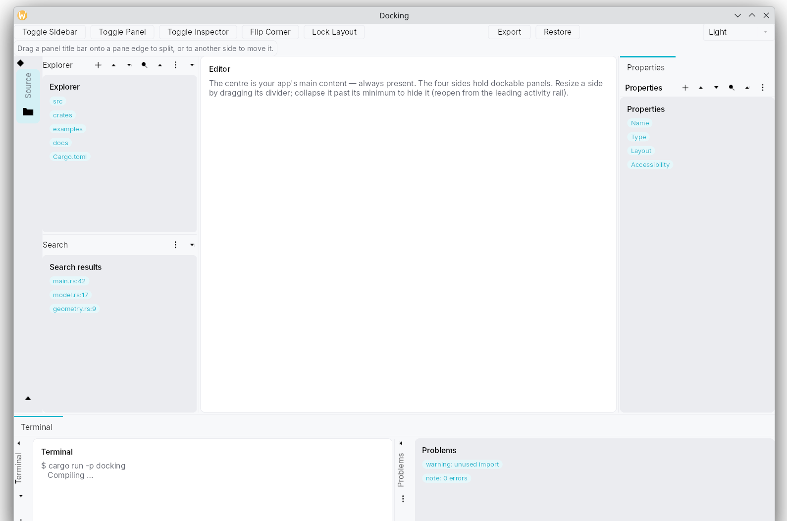 An IDE-shaped window: a narrow vertical activity rail on the left, an Explorer panel stacked above a Search panel, a wide Editor pane in the center, a Properties panel on the right, and a bottom region split between a Terminal and a Problems list.