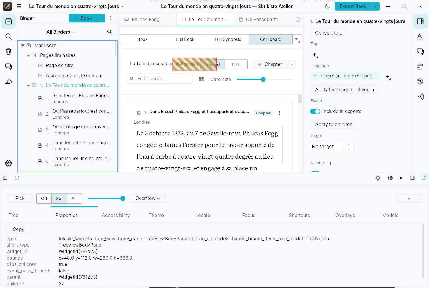 The widget catalog with the debug inspector open across the bottom of the window: a picker toolbar, a row of nine tabs reading tree, properties, accessibility, theme, locale, focus, shortcuts, overlays and models, a filter field, and the live widget tree beneath it.