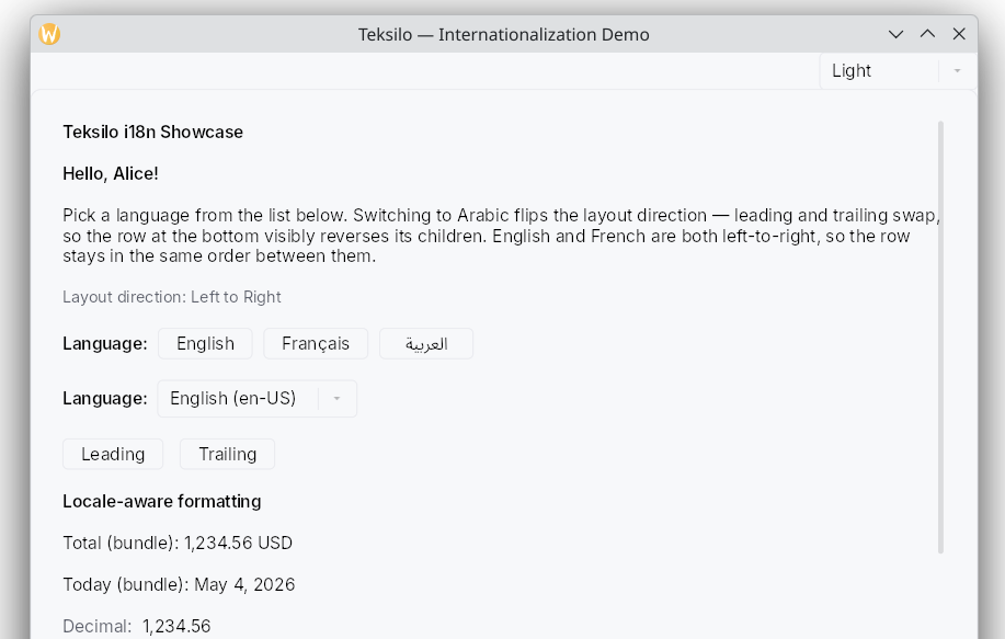 The internationalization example: a language row offering English, Français and العربية, a locale selector, Leading and Trailing buttons showing which way the row runs, and a locale-aware formatting block with a total, a date, a decimal and a currency.