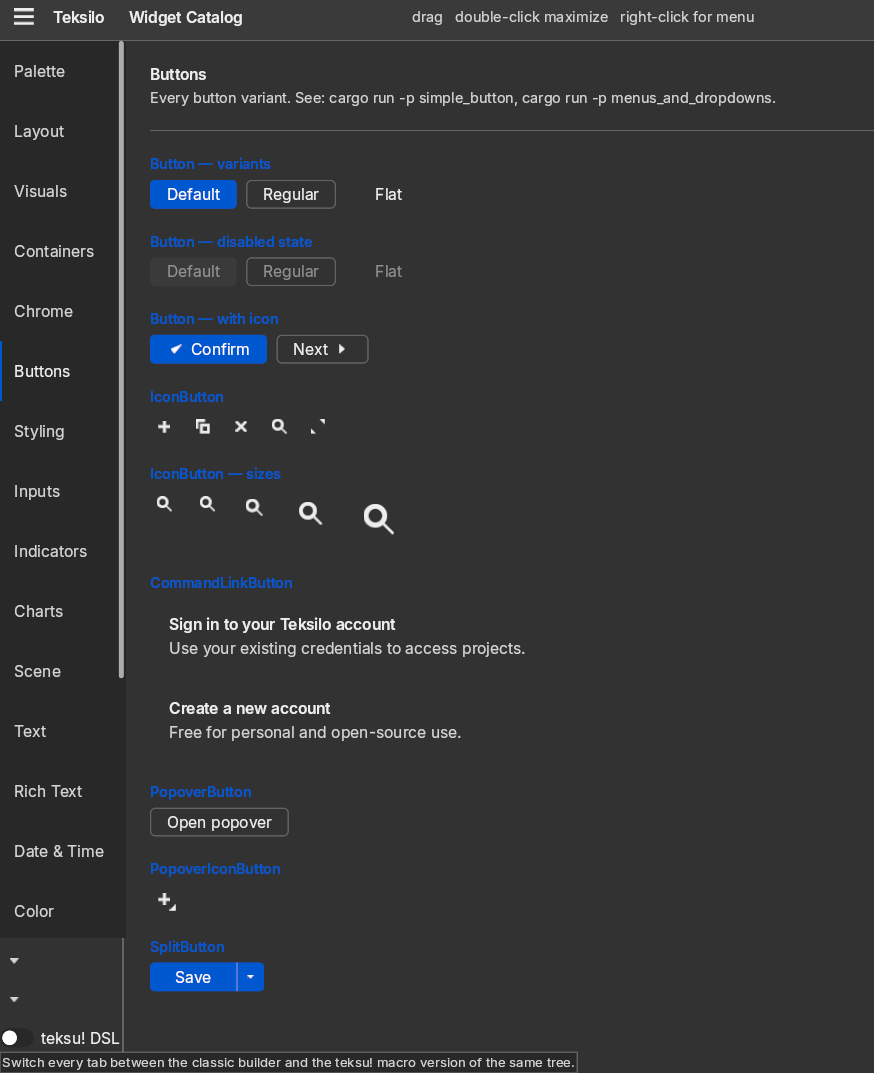 The widget catalog example running in the macOS dark preset: a sidebar of category tabs beside a Buttons page showing button variants, disabled states, buttons with icons, icon buttons at five sizes, command link buttons, a popover button and a split button.